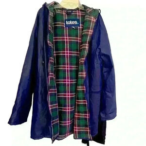 Totes Women's PVC Navy Blue Coat Jacket With Hood Full Zip Size S Raingear